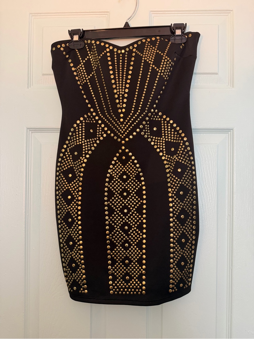 Va Va Voom Black Mini Dress with Gold Stud Pattern